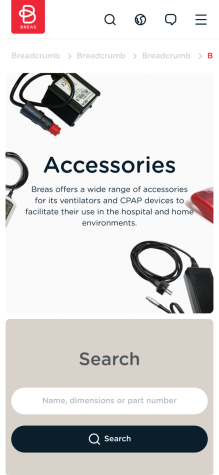 Screenshot from Breas website on a phone, page titled "Accessories"