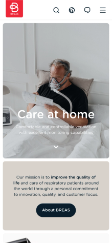 Screenshot from Breas website on a phone, page titled "Care at home"