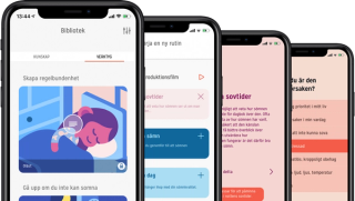 Mobiltelefoner som visar SleepCure appens olika funktionaliteter.