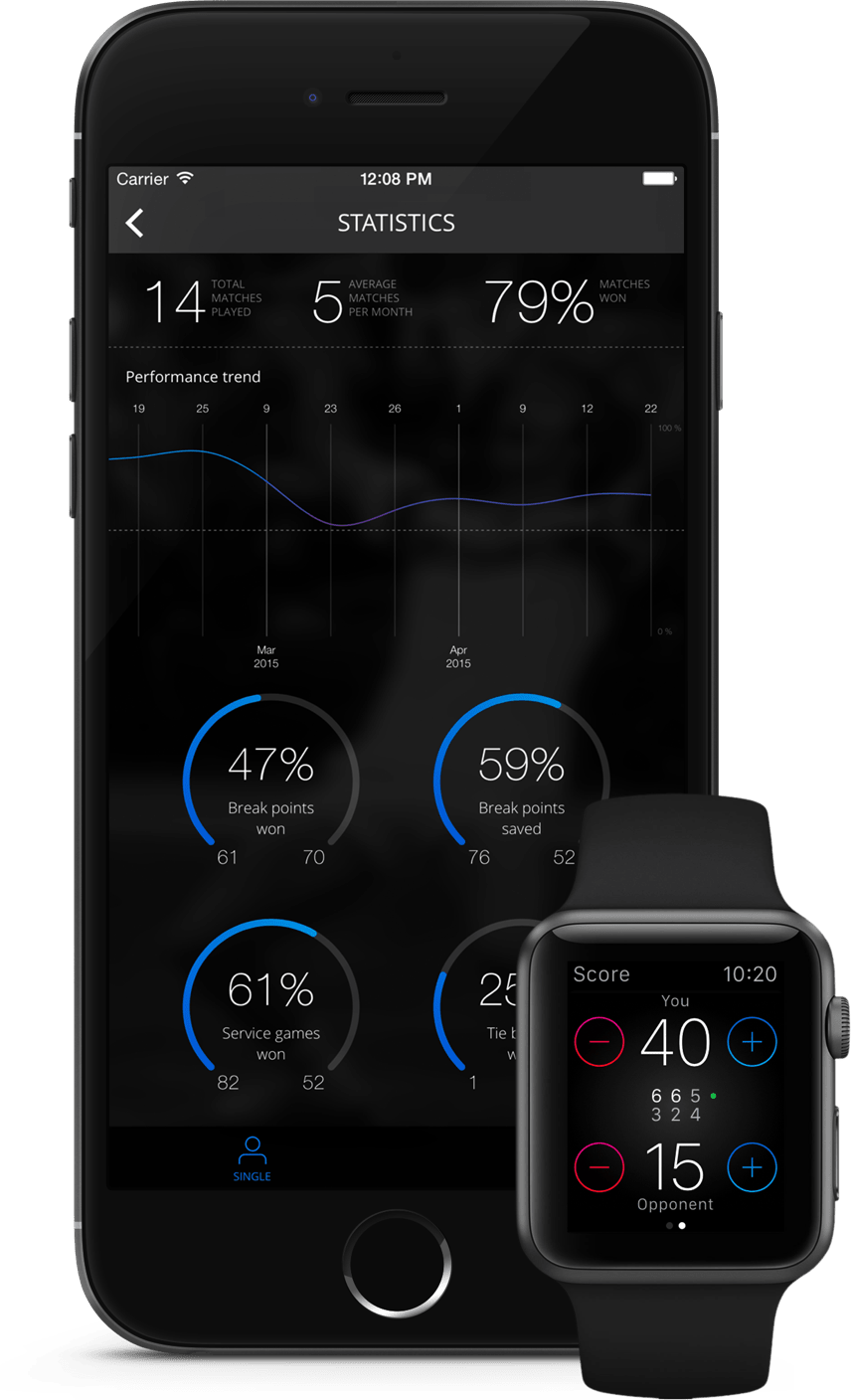 En iPhone och en Apple watch visar Tennis Watch appen.