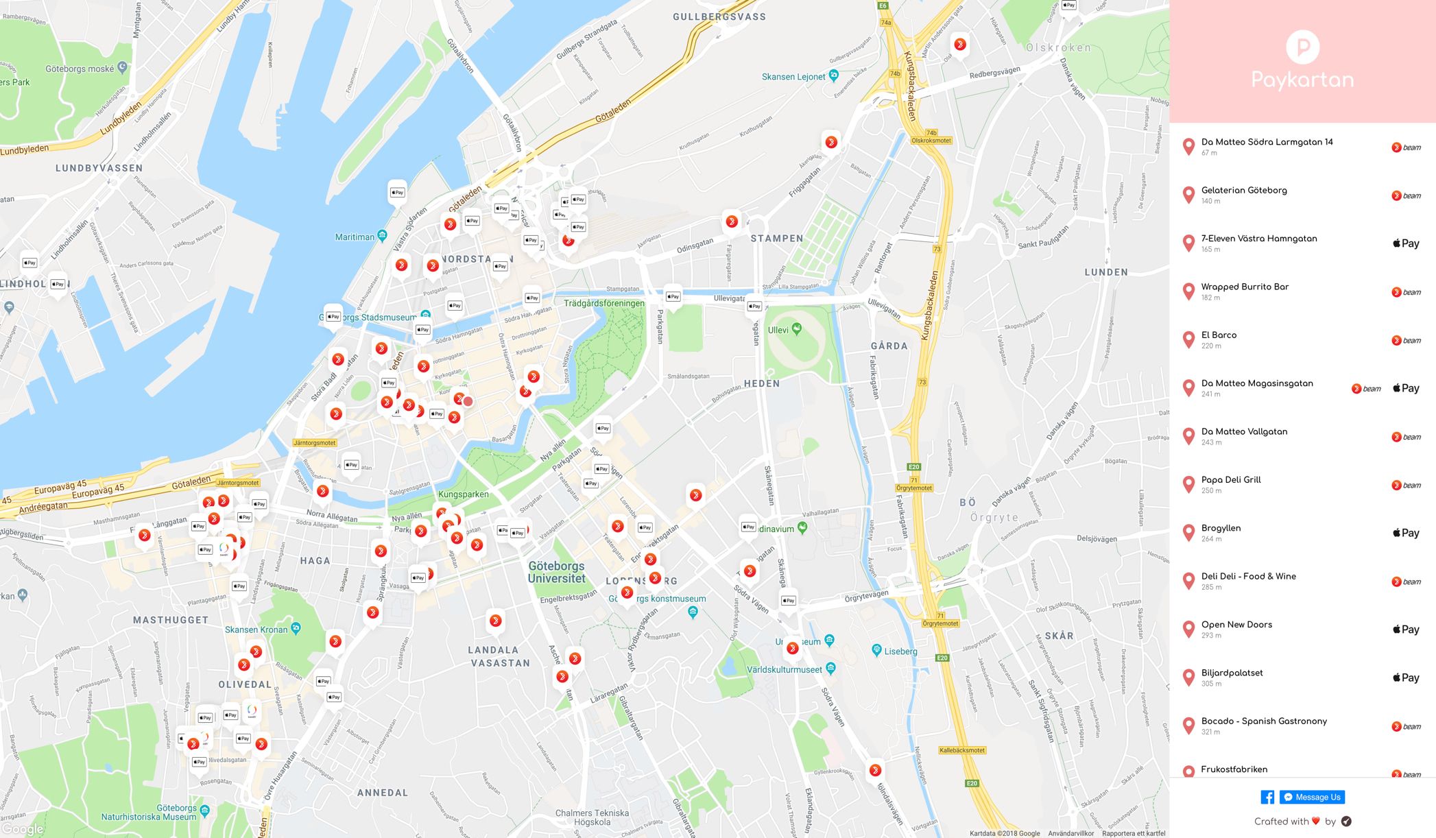 Tjänsten Paykartan som visar alla ställen i Göteborgs centrum som erbjuder mobilbetalningar.