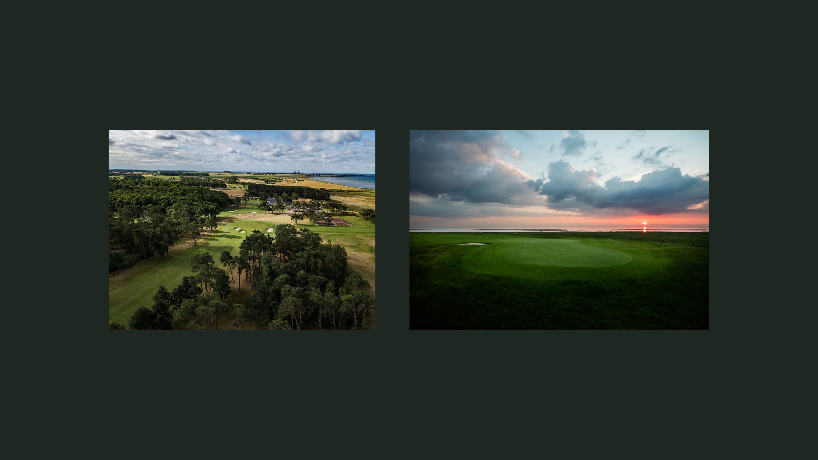 Två bilder över golfbanor.