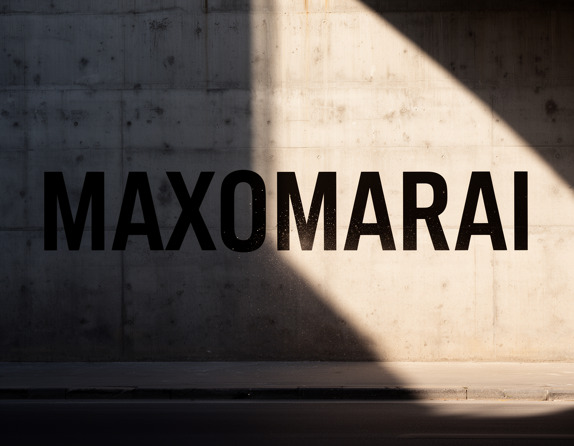 Ordet MAXOMARAI målat mycket stort i platta svarta versaler på en rå betongvägg, med en diagonal solskugga över.