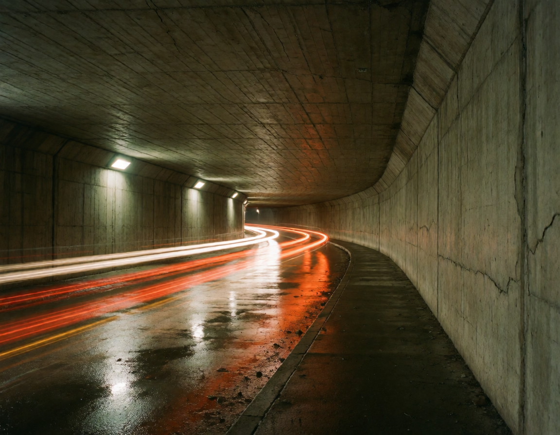 Lång exponering i en betongtunnel där bilarnas ljus drar röda och vita band genom bilden.