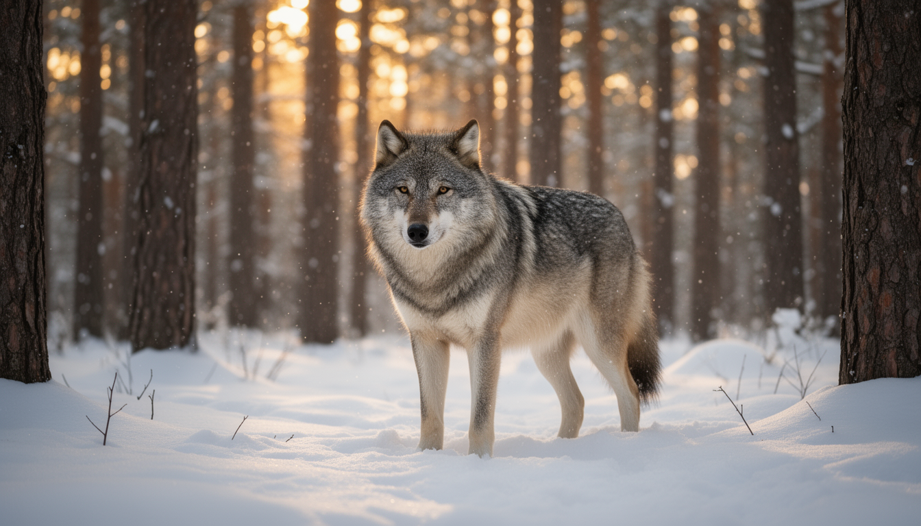 Grå varg som står i en snötäckt tallskog i lågt motljus, med snöflingor i luften.