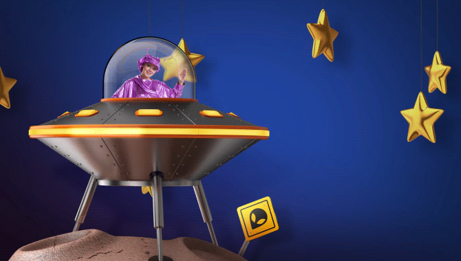 GIF of UFO with stars flying in background and woman in alien costume