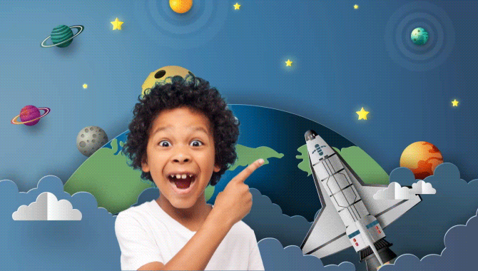 Gif of kid with curly hair next to rocket flying upwards in diorama