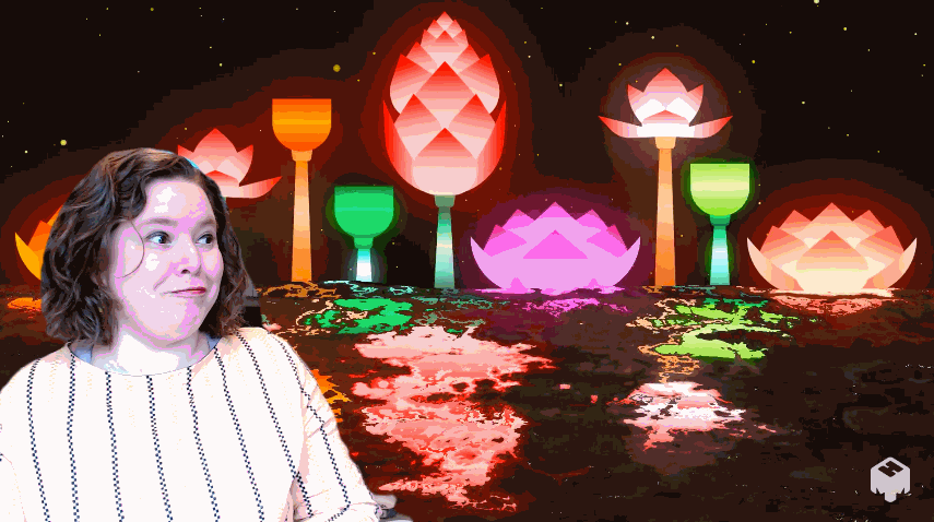 Woman in front of floating lotuses