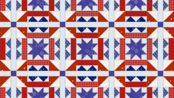 Red, white, and blue quilt with moving stars in background