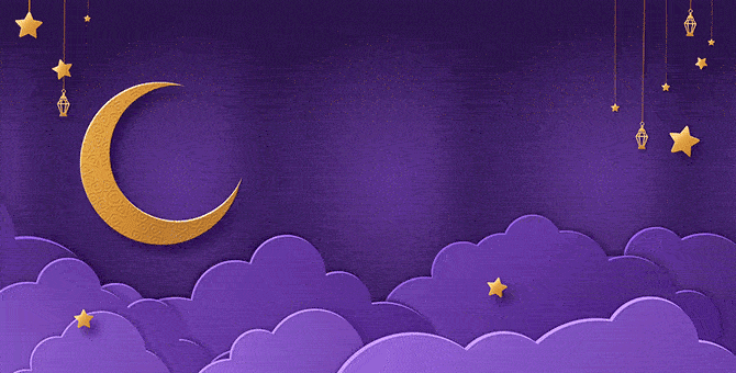 GIF of a purple background with clouds, stars, and a crescent moon