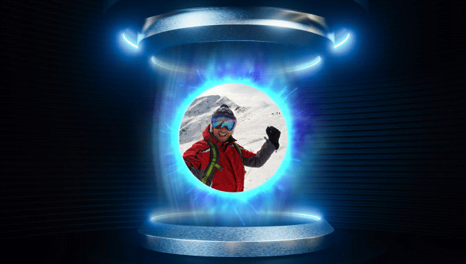GIF of person in a circle in the mountains with a ski jacket on