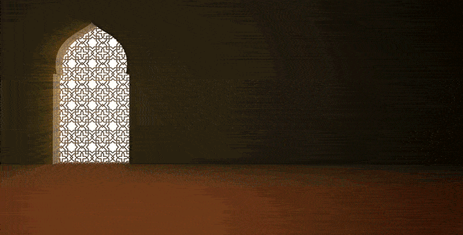 GIF of a room with light moving through an ornately carved wooden screen door