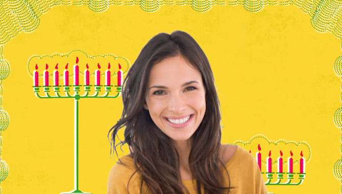 Woman against bright yellow background with pink illustrated candle flames swaying behind her