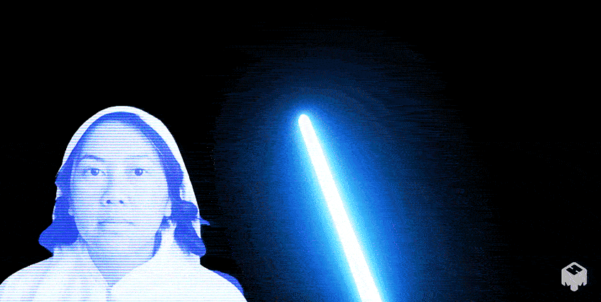 Woman in white robe with side buns standing in front of black background with lightsaber