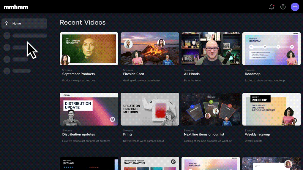Gif of a video list in mmhmm wiht someone choosing a video to watch with man wearing glasses
