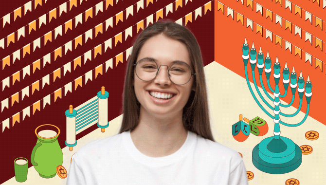 Young woman with glasses standing in front of Hanukkah themed backdrop with gelt, dreidels, menorah, scroll