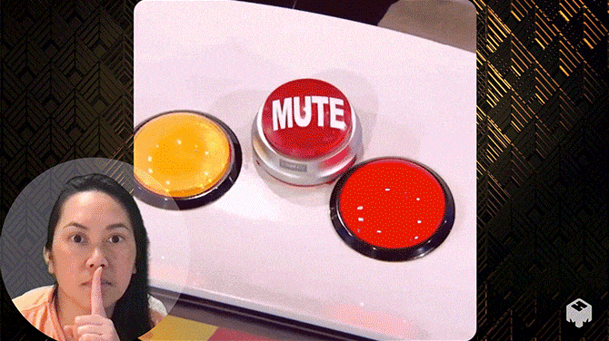 Hand hitting the mute button, woman with index finger over mouth