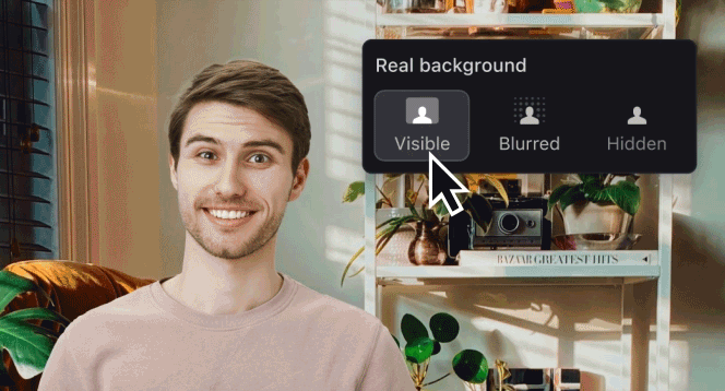 An mmhmm user toggles real background settings between "visible," "blurred," and "hidden." The background of his video changes with each setting.