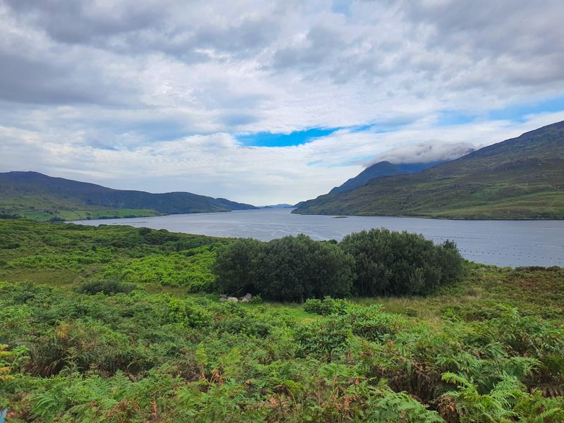 Wide view of Killary Fjord stretching between mountains in Connemara, Ireland