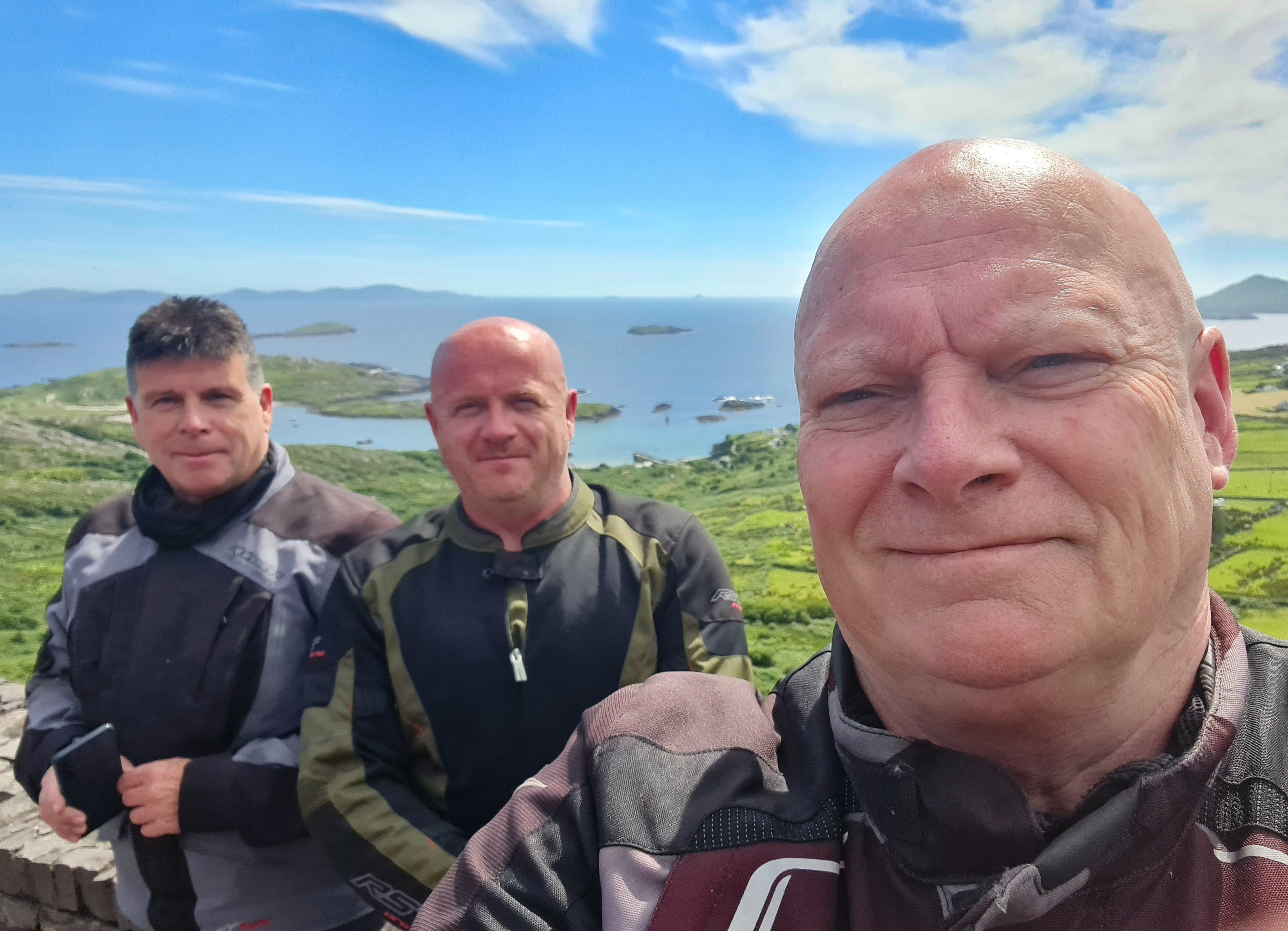 George with two riders high above Derrynane Bay on the Ring of Kerry