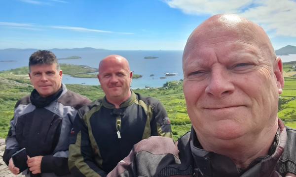 George with two riders high above Derrynane Bay on the Ring of Kerry