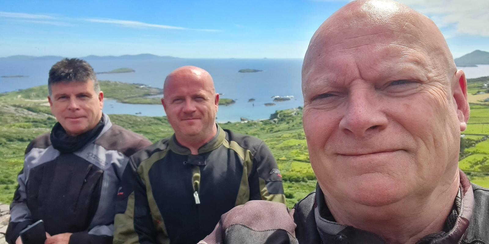 George with two riders high above Derrynane Bay on the Ring of Kerry