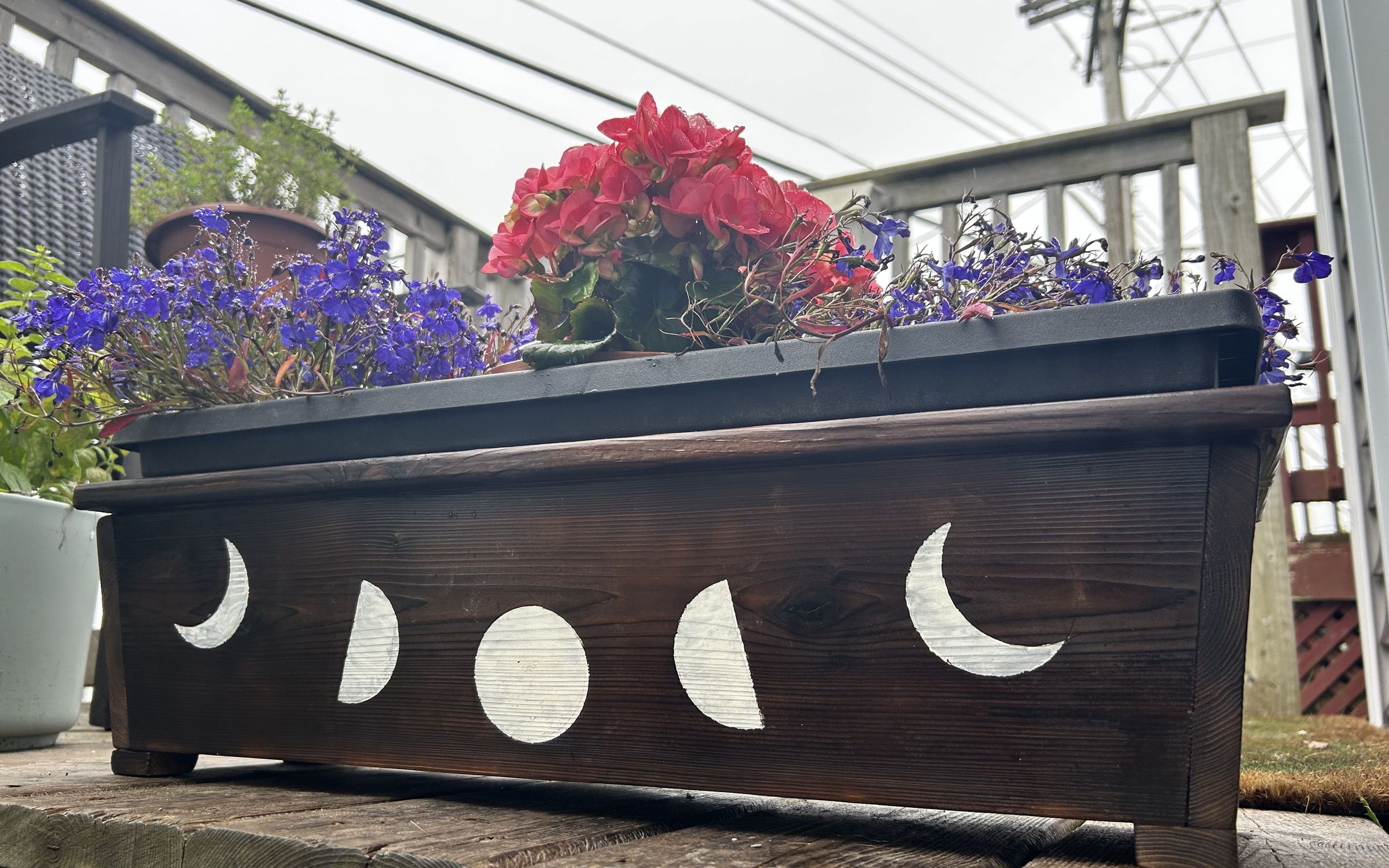 Dark-stained wooden planter box painted with white moon phases, filled with flowers