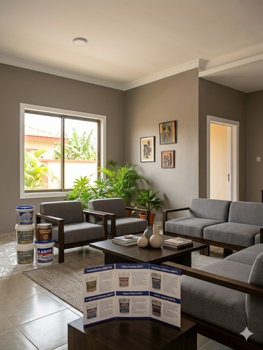Image: Modern Nigerian apartment painted in warm grey with white trim and contemporary furniture
