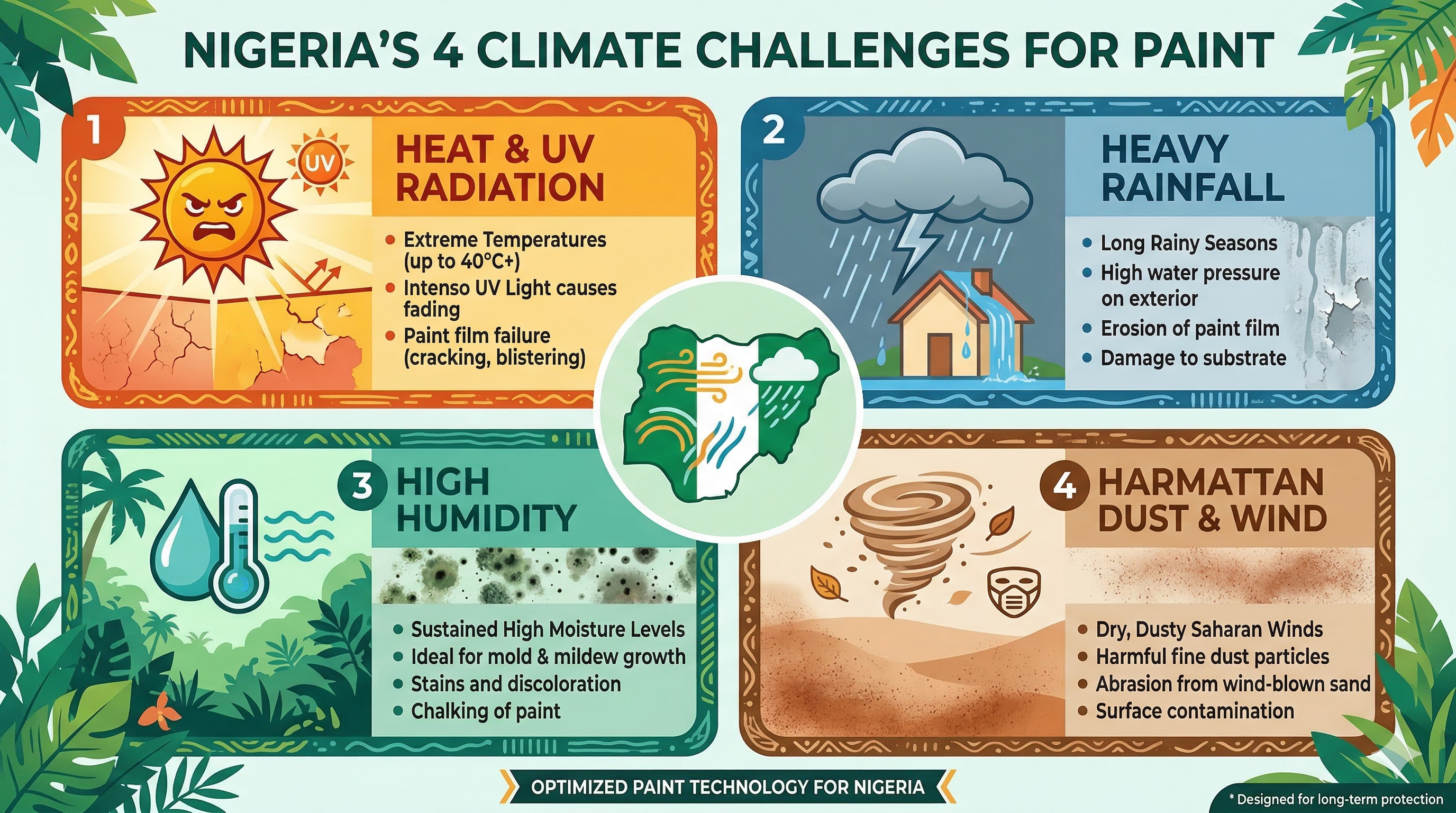Infographic: Nigeria's 4 climate challenges for paint — Heat/UV, Rainfall, Humidity, Harmattan with icons