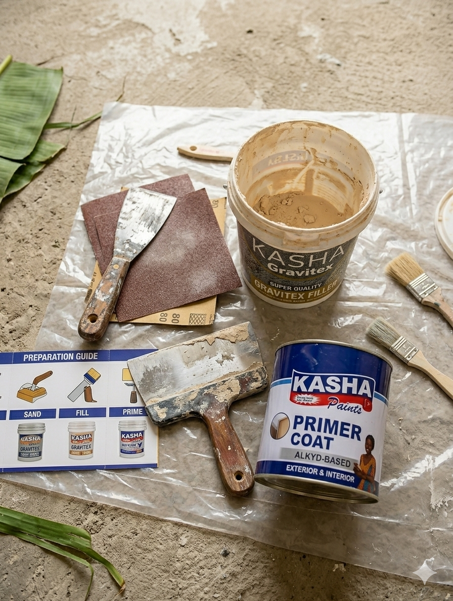 Image: Flat lay of wall preparation tools — scraper, sandpaper, filler, putty knife, primer tin