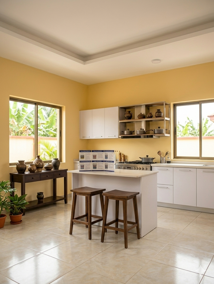 Image: Bright kitchen with butter yellow walls, white cabinets, and natural light streaming through windows