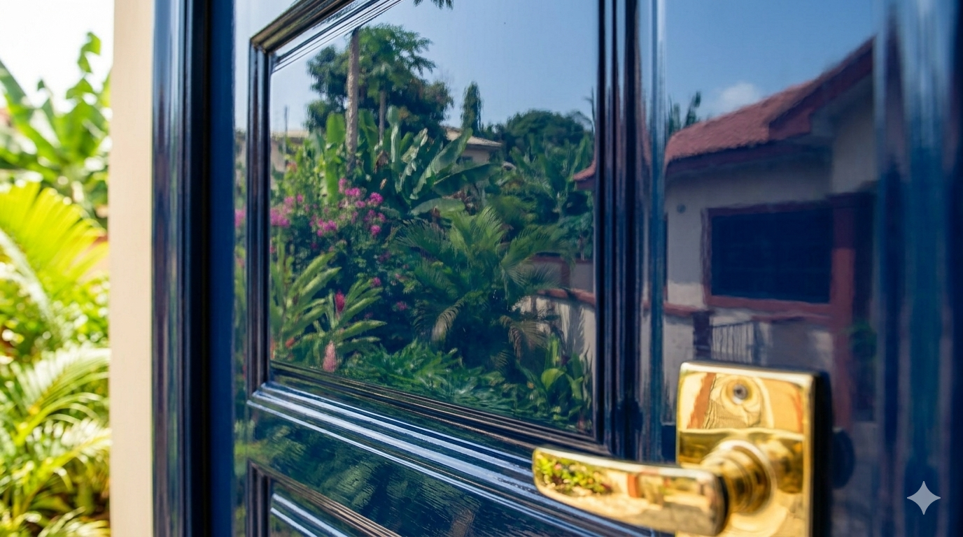 Image: Close-up of a door painted with high-gloss paint showing the reflective finish