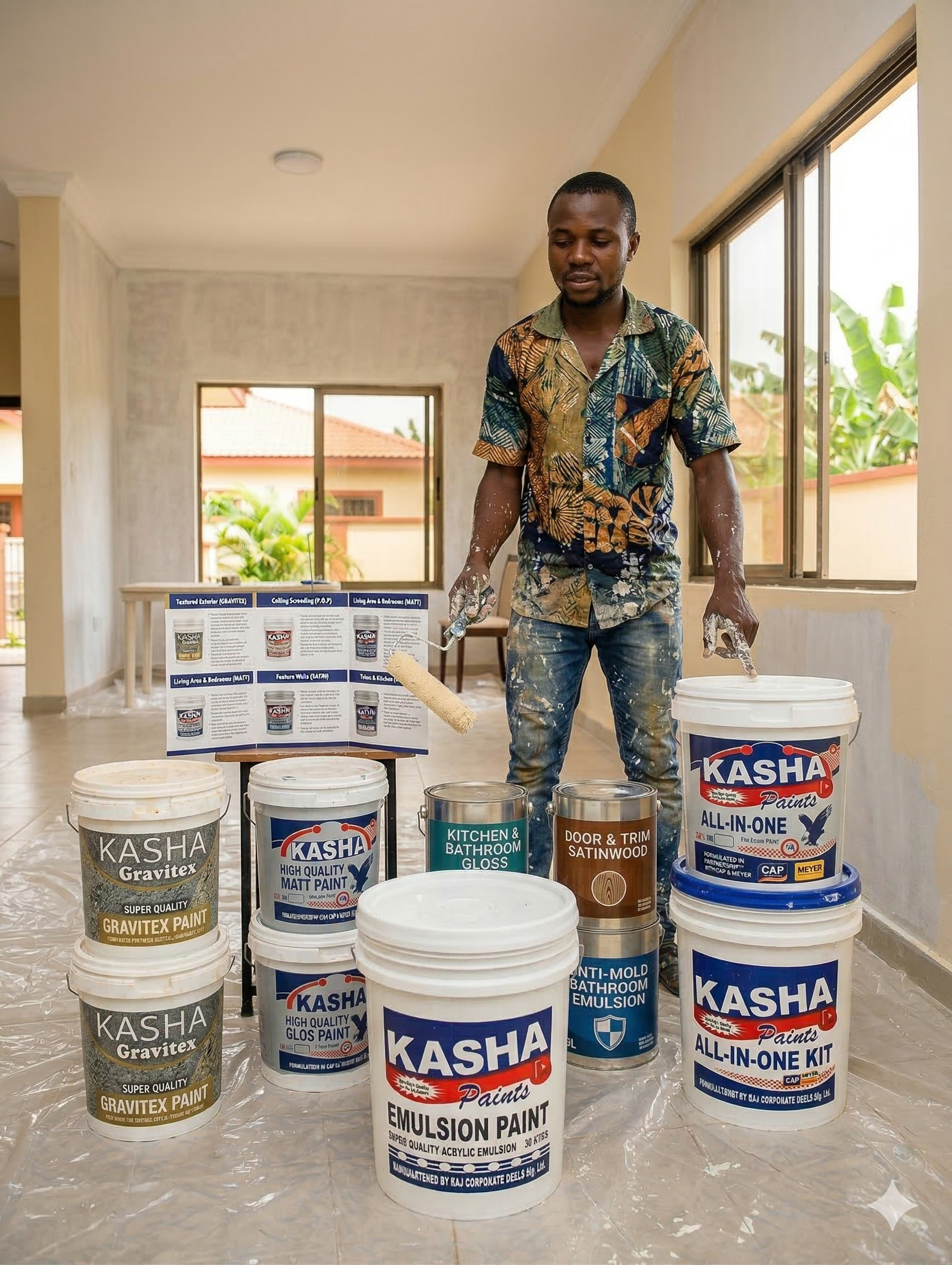Image: Various paint buckets and tins arranged showing different types needed for a full flat