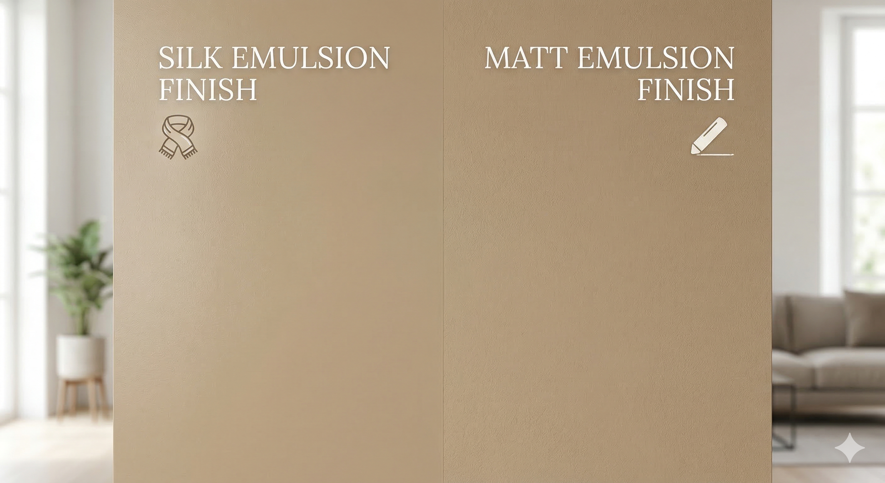 Image: Side-by-side comparison of silk emulsion vs matt emulsion finish on a wall