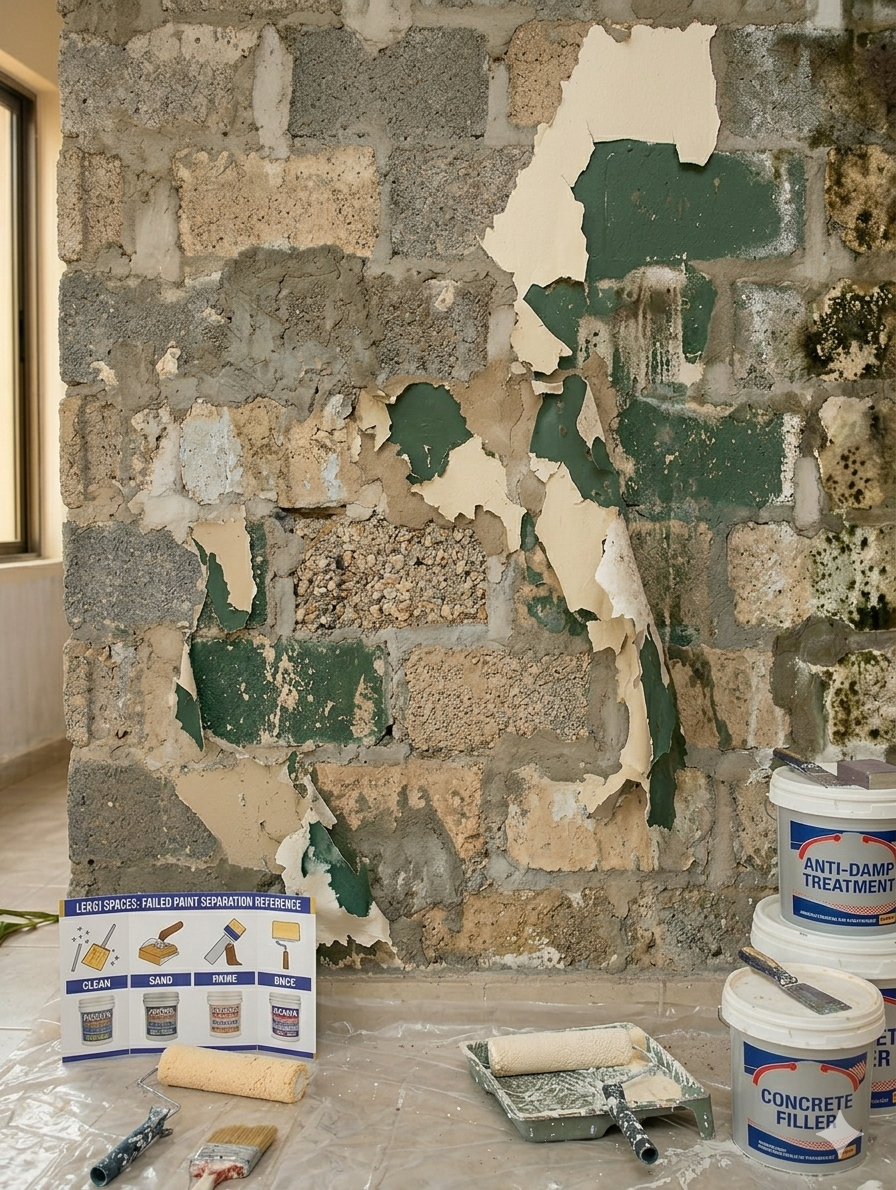 Image: Peeling paint showing two distinct layers — new paint separating from old paint underneath