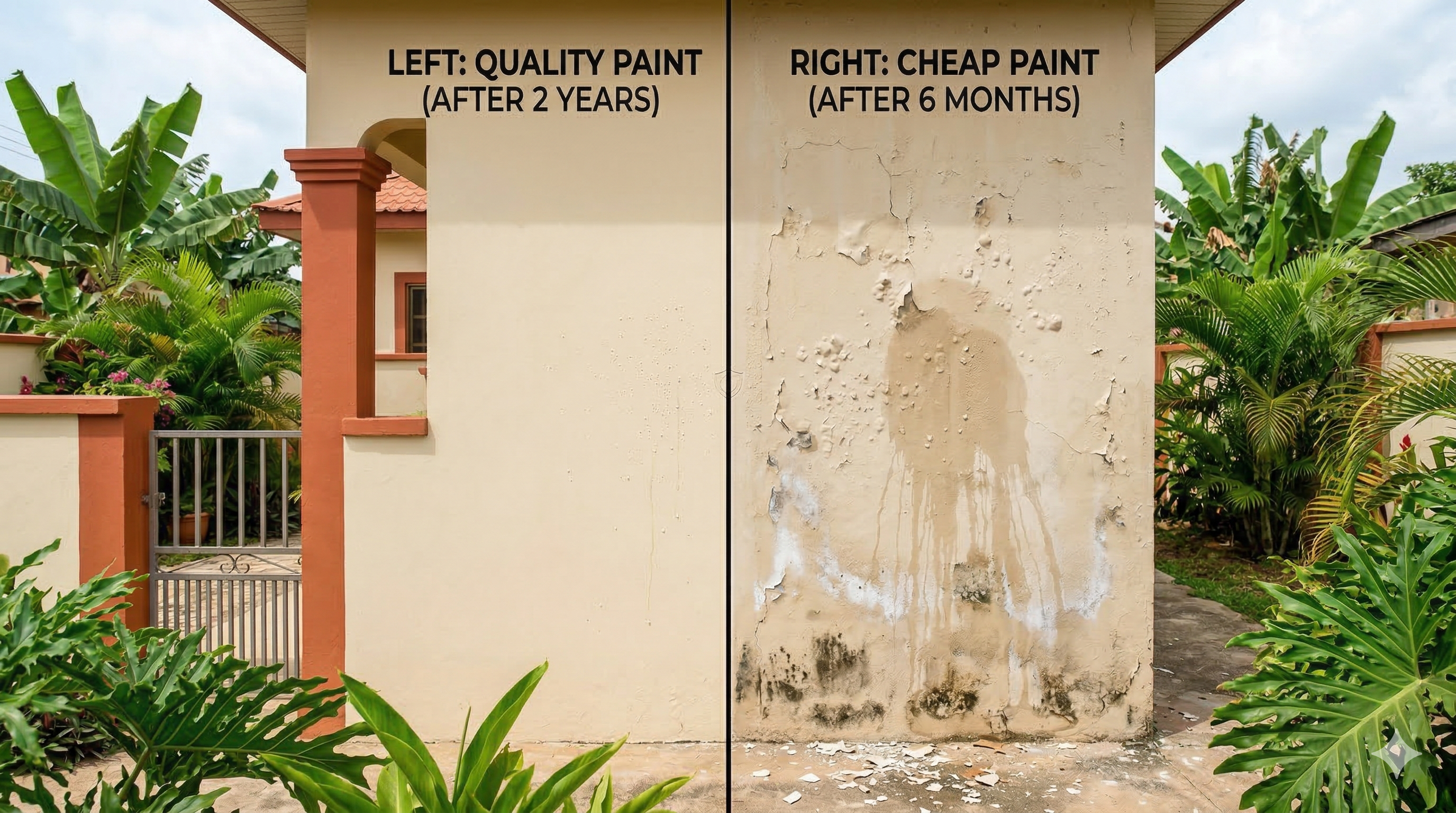 Image: Split image showing the same wall — one side with quality paint after 2 years, other side with cheap paint after 6 months