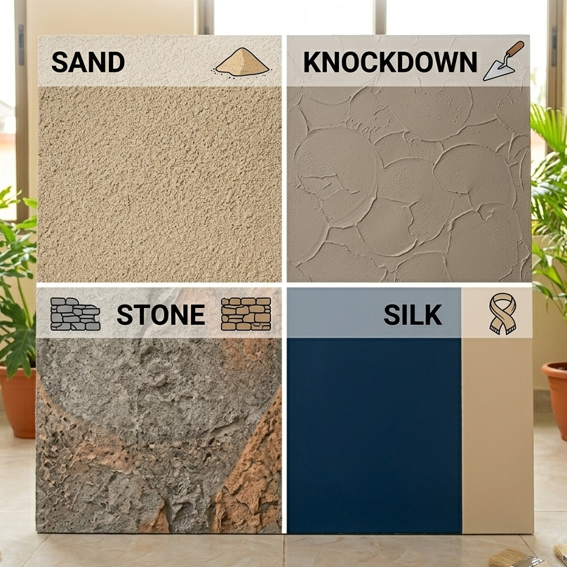 Image: Close-up comparison grid of 4 different textured paint finishes — sand, knockdown, stone, and silk