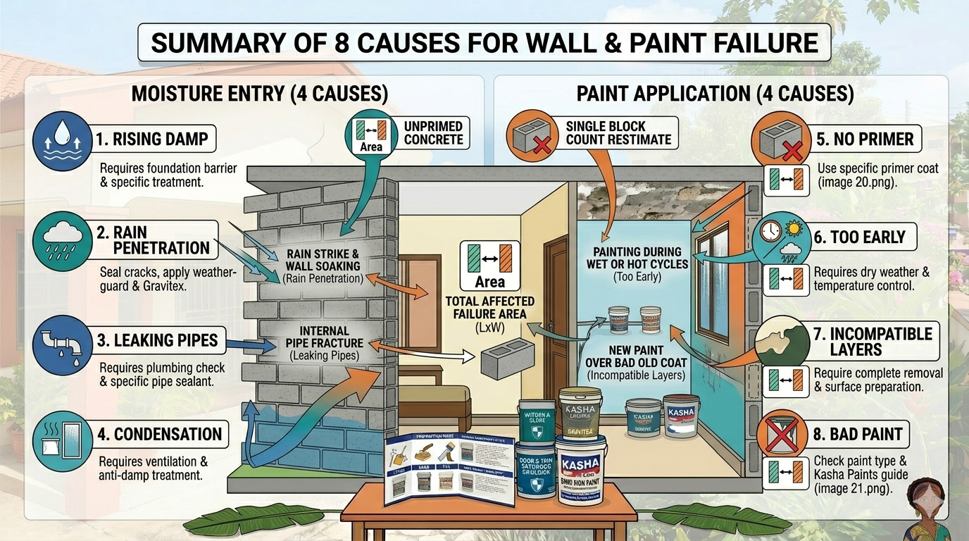 Image: Infographic summarising the 8 causes with simple icons — moisture, dust, no primer, too early, incompatible layers, bad paint, sun, cracks