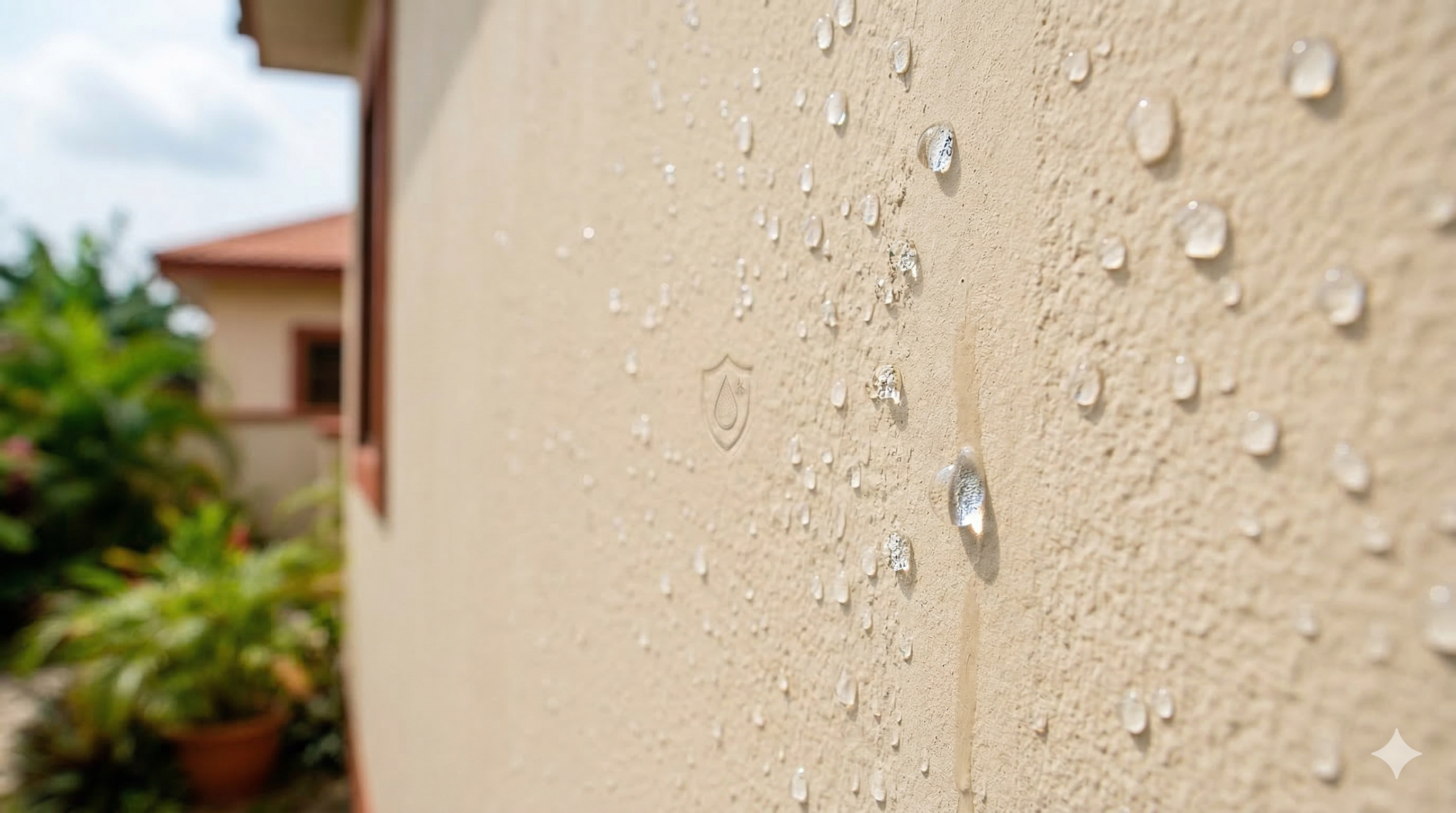 Image: Close-up of weather-guard paint on an exterior wall showing water beading off the surface