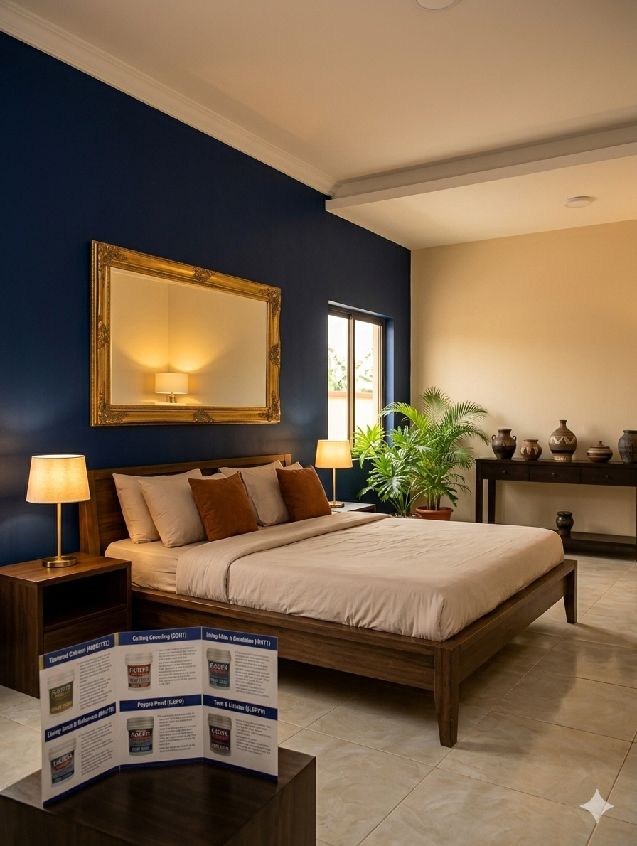Image: Bedroom with deep navy blue feature wall behind the bed, with gold-framed mirror and warm lighting