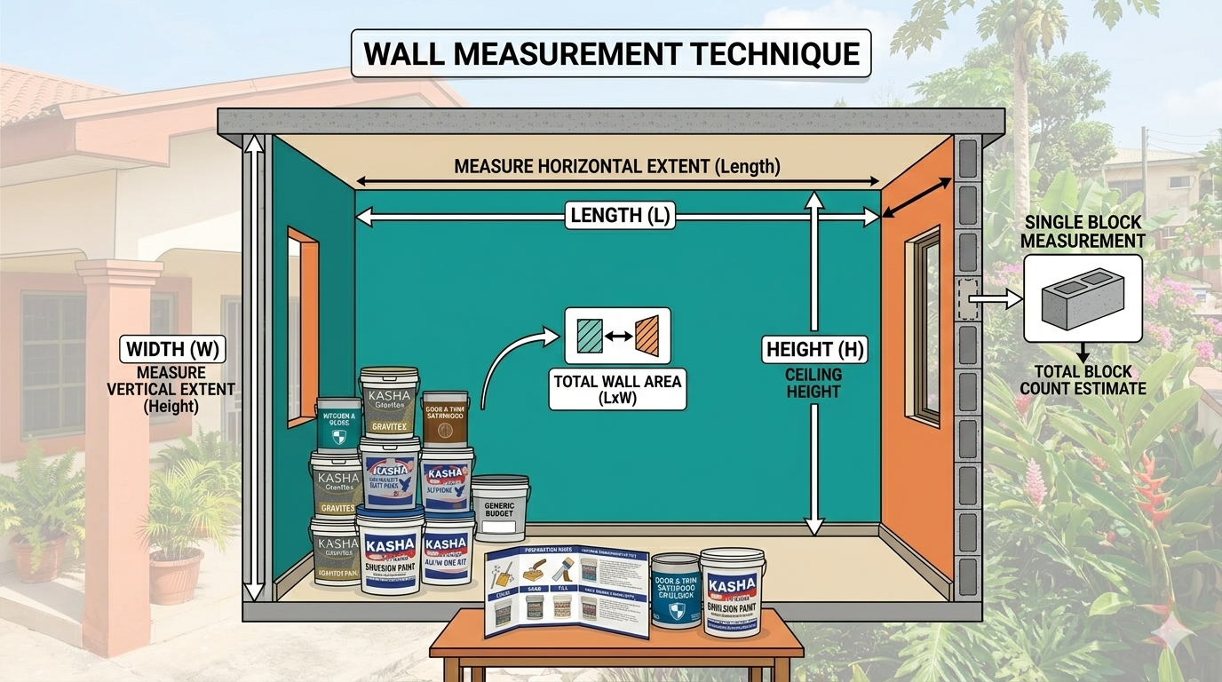 Image: Diagram showing wall measurement technique — length, width, height labelled with arrows