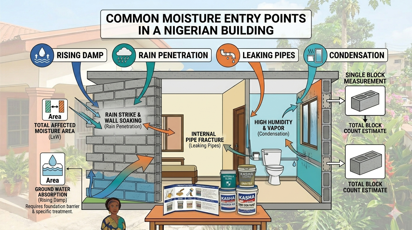 Image: Diagram showing common moisture entry points in a Nigerian building — rising damp, rain penetration, leaking pipes, condensation