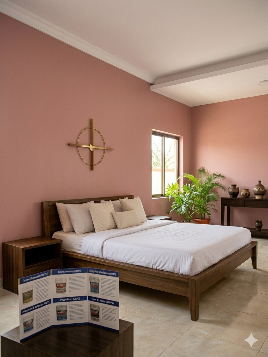 Image: Elegant bedroom with dusty rose walls, white bedding, and modern minimalist decor