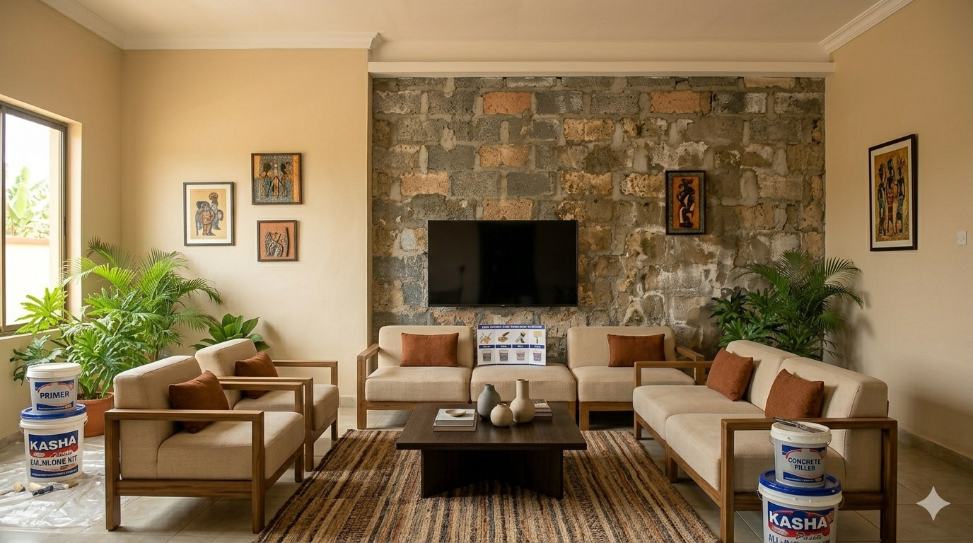 Image: A living room with a textured accent wall behind the TV and regular paint on remaining walls