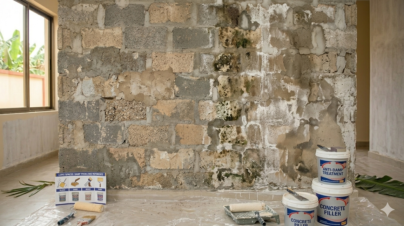 Image: Wall showing damp damage — mould spots, peeling paint, efflorescence — as a "what to look for" reference