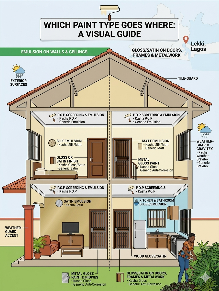 Infographic: House cross-section diagram showing which paint type goes where — emulsion on walls/ceilings, gloss on doors/frames/metalwork