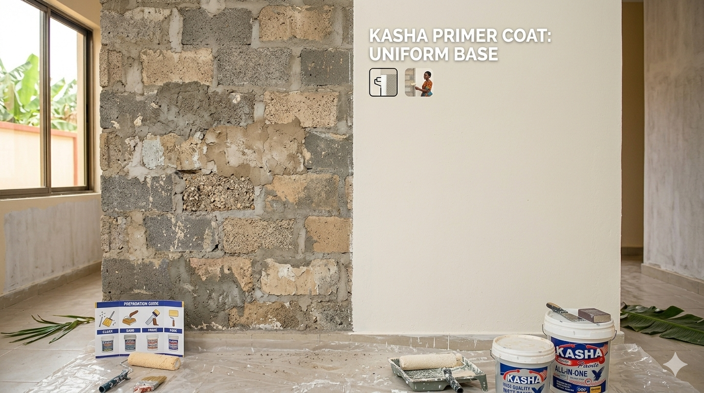 Image: Side-by-side — half of a new block wall unprimed (patchy) vs. primed (uniform)