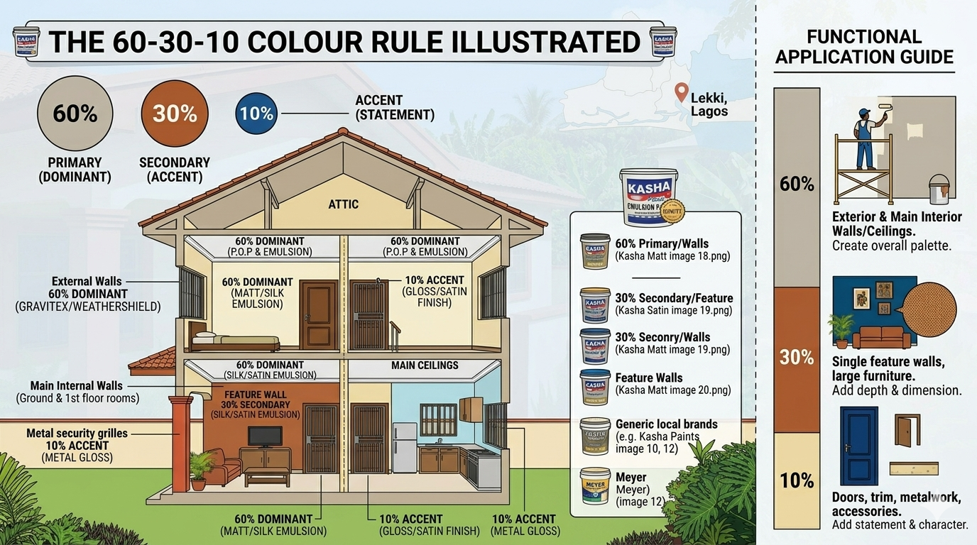 Infographic: The 60-30-10 colour rule illustrated with a room diagram