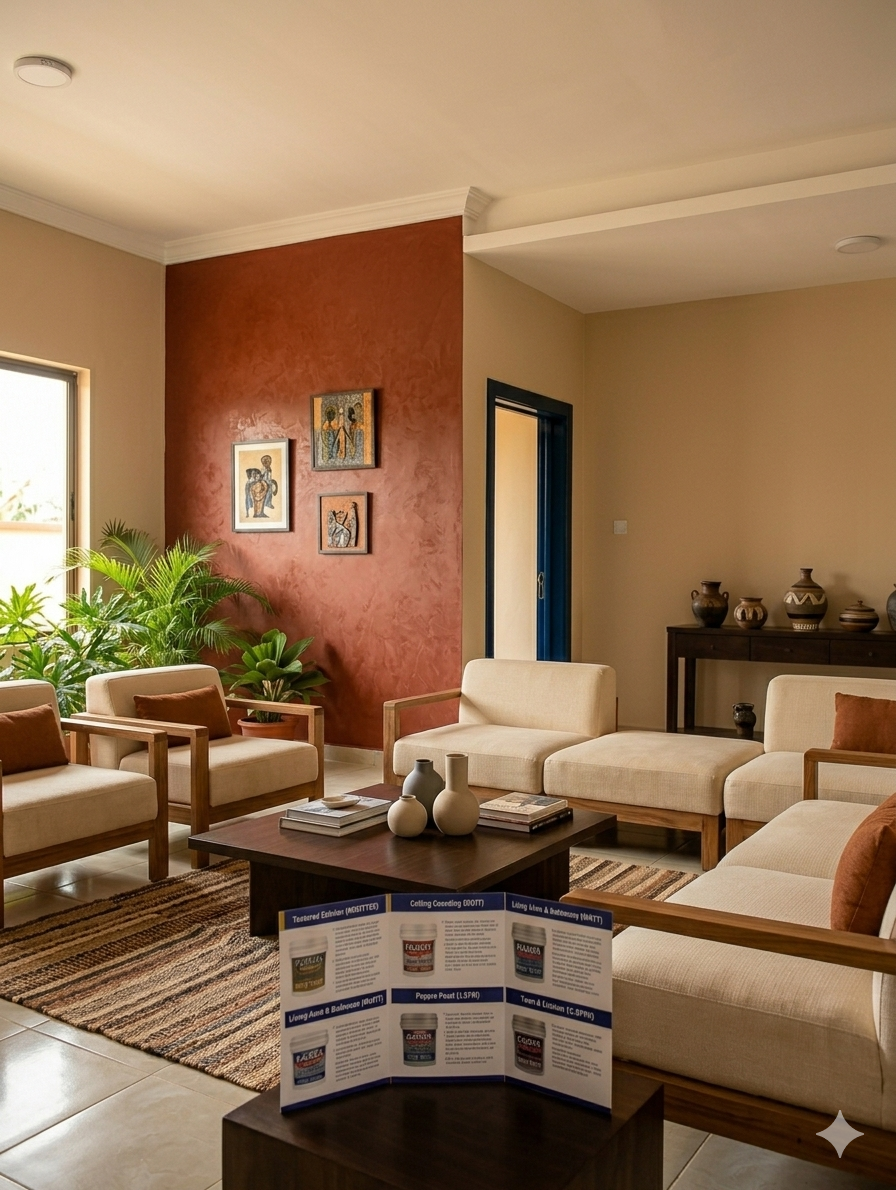 Image: Room with terracotta accent wall, natural wood furniture, and cream complementary walls