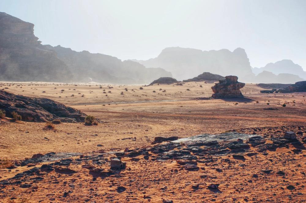 Stone desert, at the end of the Wadi Rum, Jordania
